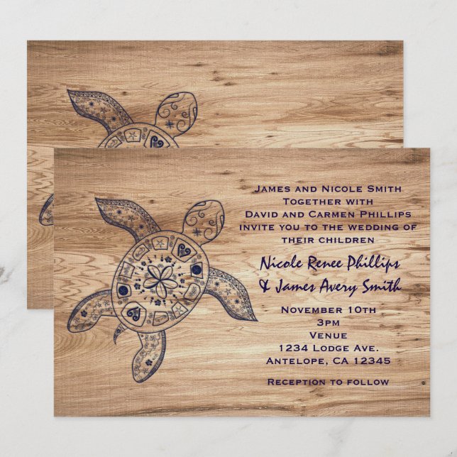 Convites de Casamento Tartaruga Havaiana e Madeira (Frente/Verso)