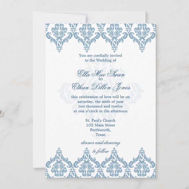 Convites de Casamento tema damasco Azul e Branco (Frente)