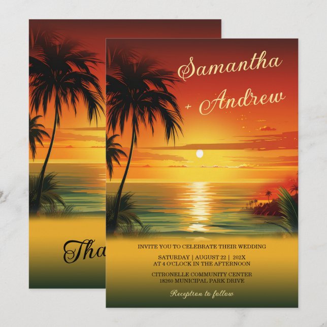 Convites de Casamento Temáticos de Praia do Pôr do (Frente/Verso)