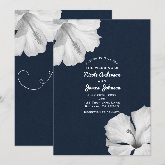 Convites de Casamento Tropicais Azul Hibisco Branc (Frente/Verso)