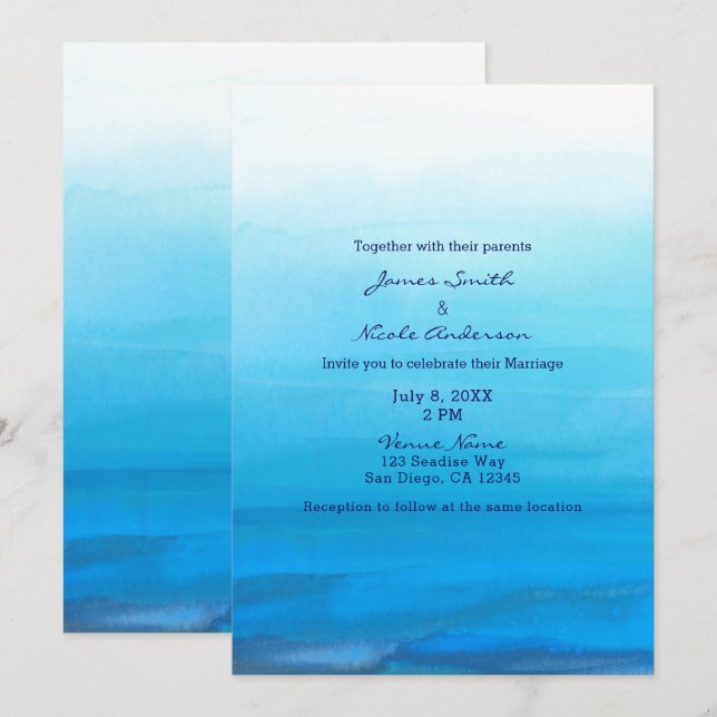 Convites de Casamento Tropicais com Aquarela Azul  (Frente/Verso)