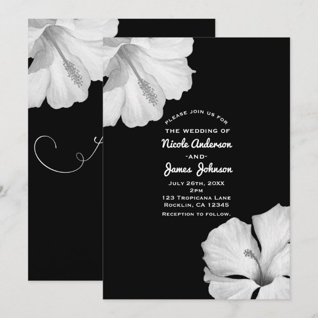 Convites de Casamento Tropicais Preto Hibisco Bran (Frente/Verso)