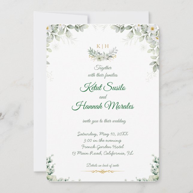 convites de casamento verde sálvia e azul naval (Frente)