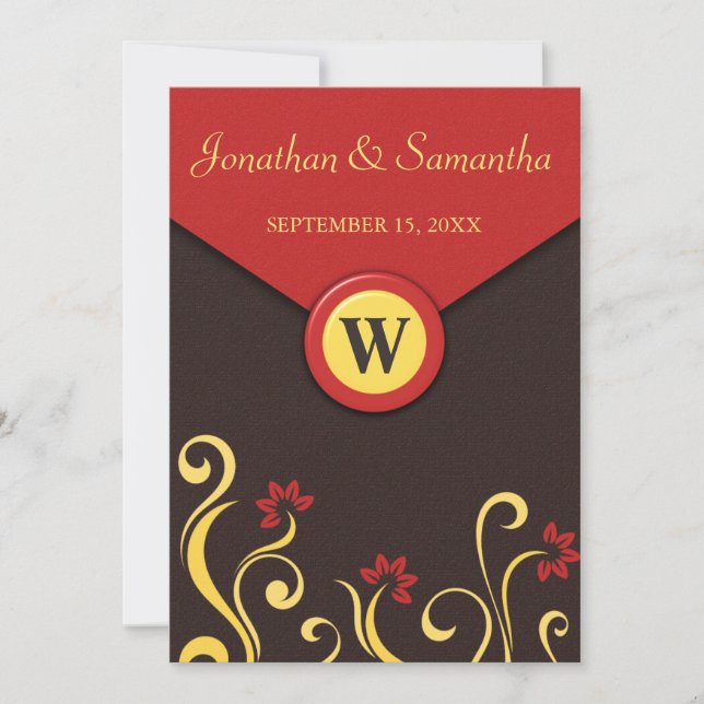 Convites de casamento vermelhos amarelos castanhos (Frente)