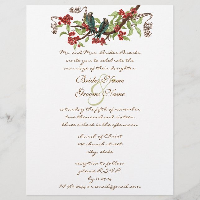 Convites de Casamento Vintage Bird Azul e Vermelho (Frente)