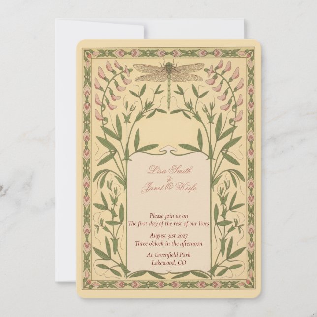 Convites de Casamento Vintage Nouveau Libélula (Frente)
