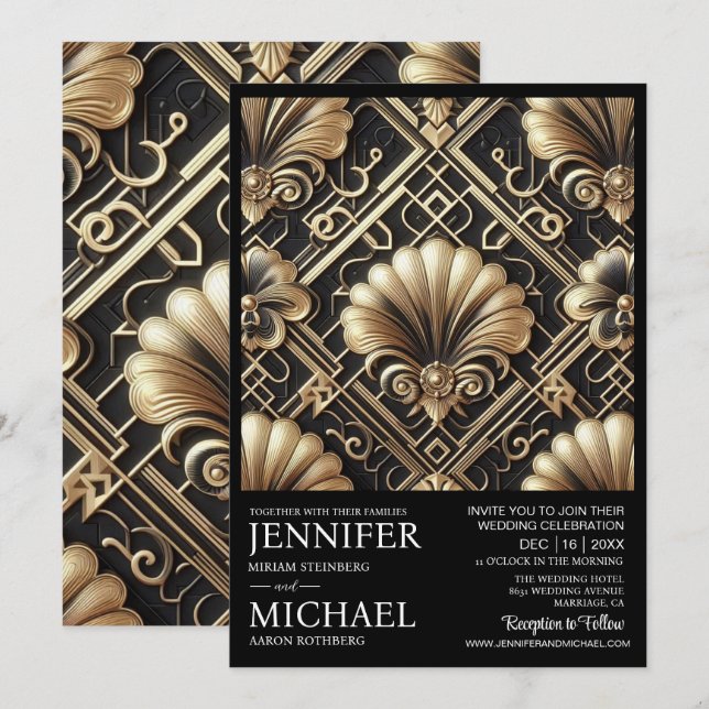 Convites de Casamento Vintage Preto e Dourado Art  (Frente/Verso)