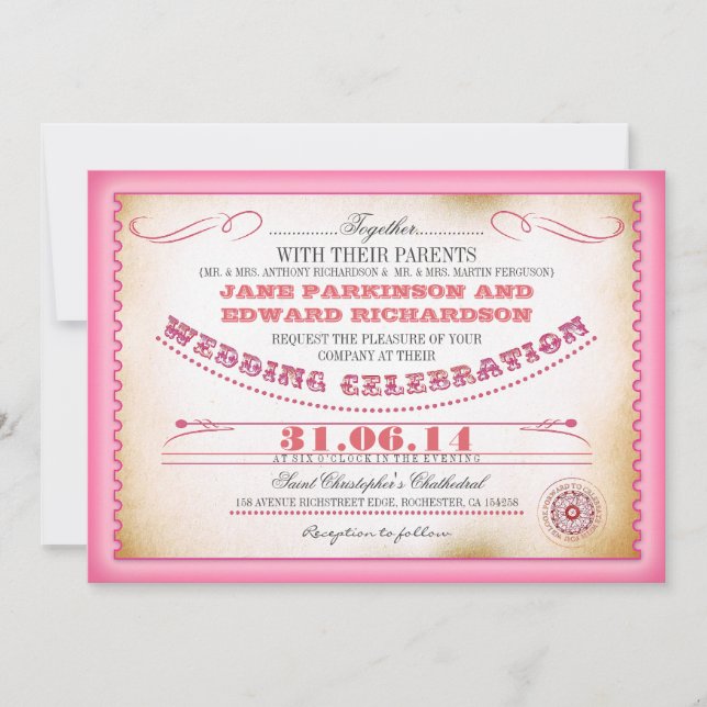 Convites de casamento vintage rosa - tíquetes (Frente)