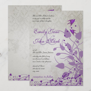 Convites de Casamento Vintage Roxo Pássaros Coraçõ