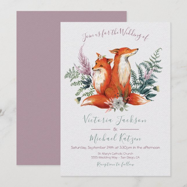 Convites de Casamento Woodland Watercolor Fox (Frente/Verso)