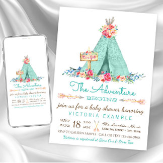 Convites de Chá de Bebê Boho para Meninas TeePee