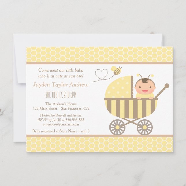 Convites de Chá de Bebê Carrinho Abelha Bumble Fof (Frente)