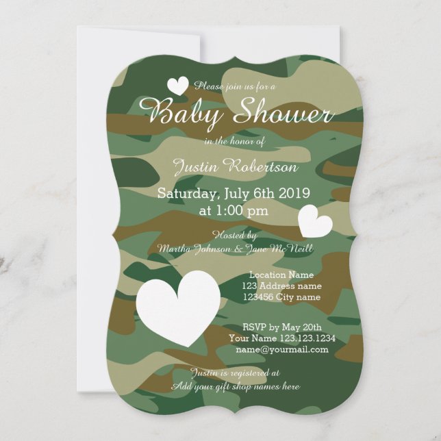 Convites de chá de bebê com camuflagem militar e c (Frente)