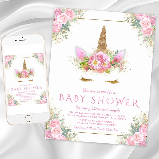 Convites de Chá de Bebê com Rosto de Unicórnio Ado (Cute pink gold unicorn baby shower invitation. Instant download and printed invitations available.)