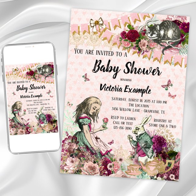 Convites de Chá de Bebê da Alice no País das Marav (Wonderland baby shower any occasion invitation. Instant download and printed invitations available.)