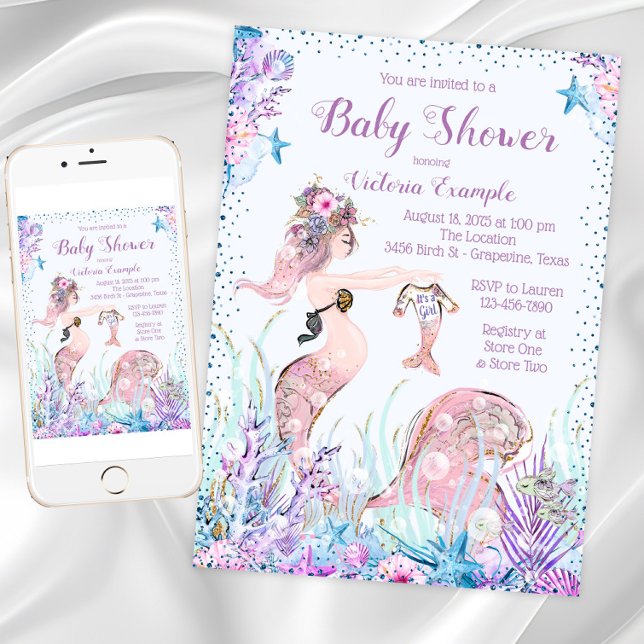 Convites de Chá de Bebê da Mamãe Sereia (Mermaid Mom Baby Shower Invitations. Instant download and printed invitations available.)