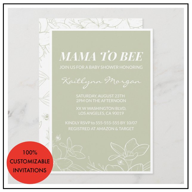 Convites de chá de bebê de abelha Floral Moderno E (Bee baby shower invitations Modern Floral green)