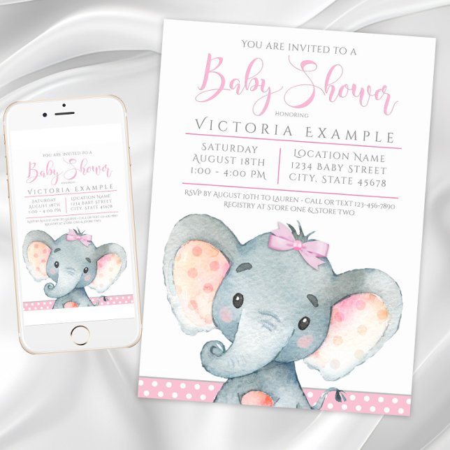 Convites de Chá de Bebê de Elefante Adorável Menin (Girls Elephant Baby Shower Invitations. Instant download and printed invitations available.)