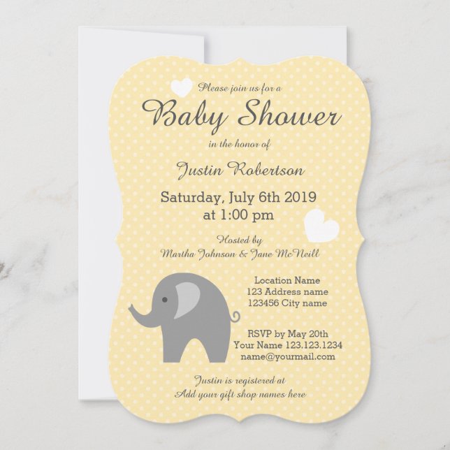Convites de chá de bebê de elefante amarelo e cinz (Frente)
