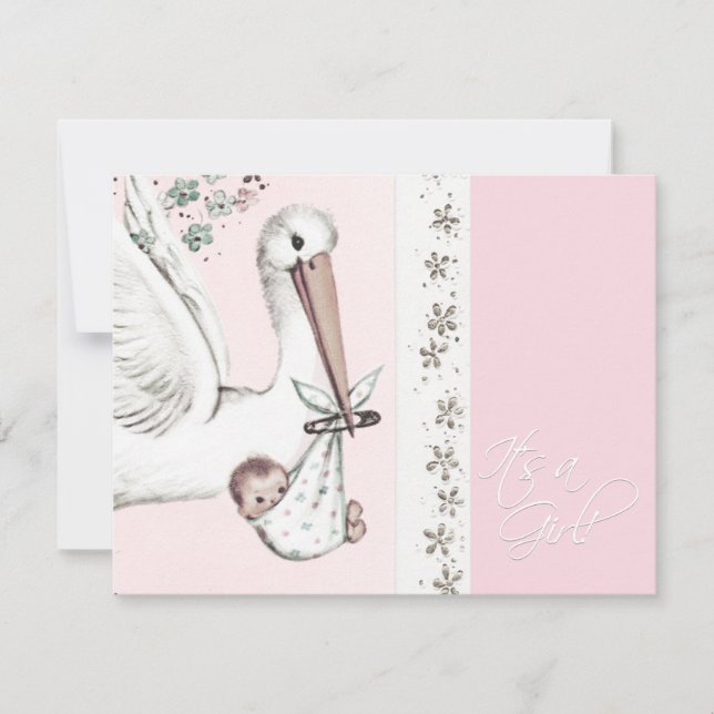 Convites de chá de bebê de menina Stork cor-de-ros (Frente)