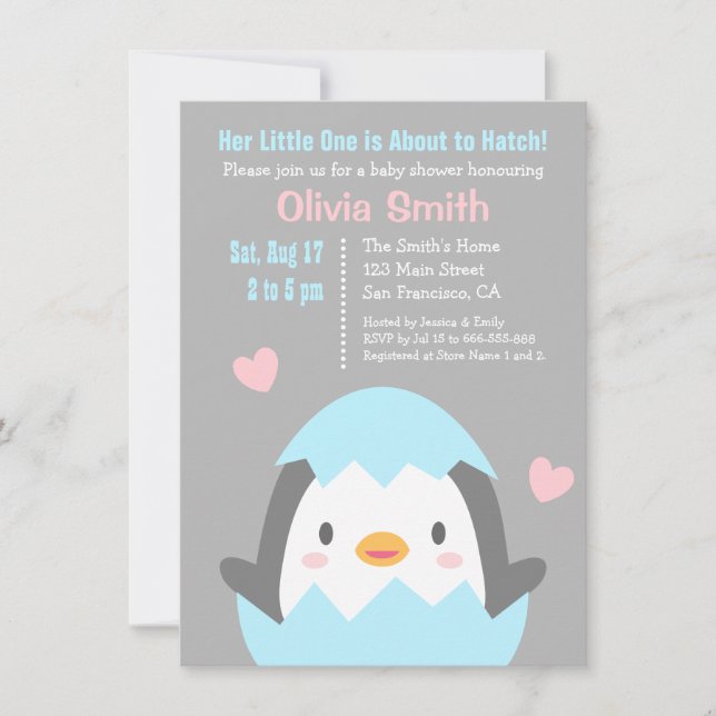 Convites de Chá de Bebê de Pinguim Fofo Eclodindo (Frente)