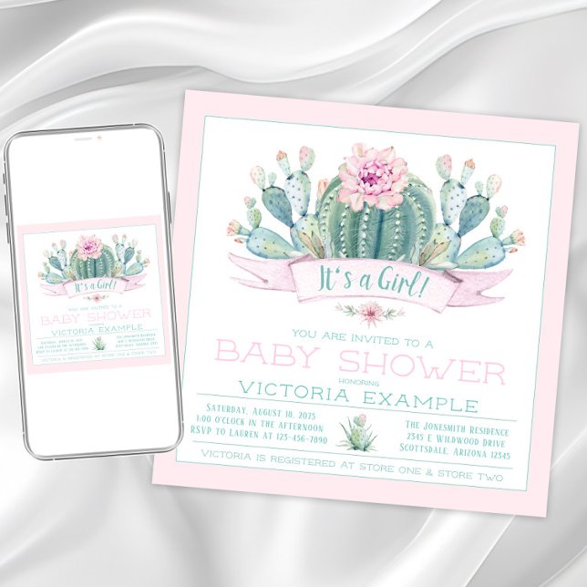Convites de Chá de Bebê do Cacto Fofo (Girl cactus baby shower invitation. Instant download and printed invitations available.)