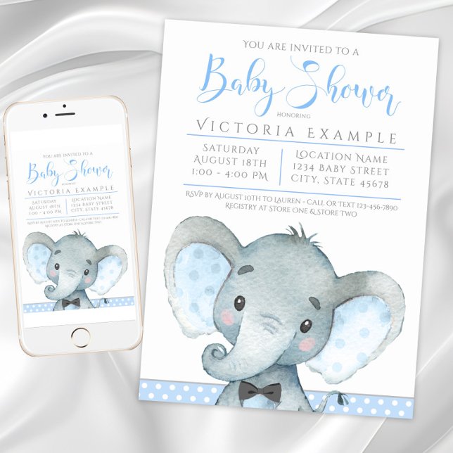 Convites de Chá de Bebê do Elefantinho Adorável pa (Boy Elephant Baby Shower Invitations. Instant download and printed invitations available.)