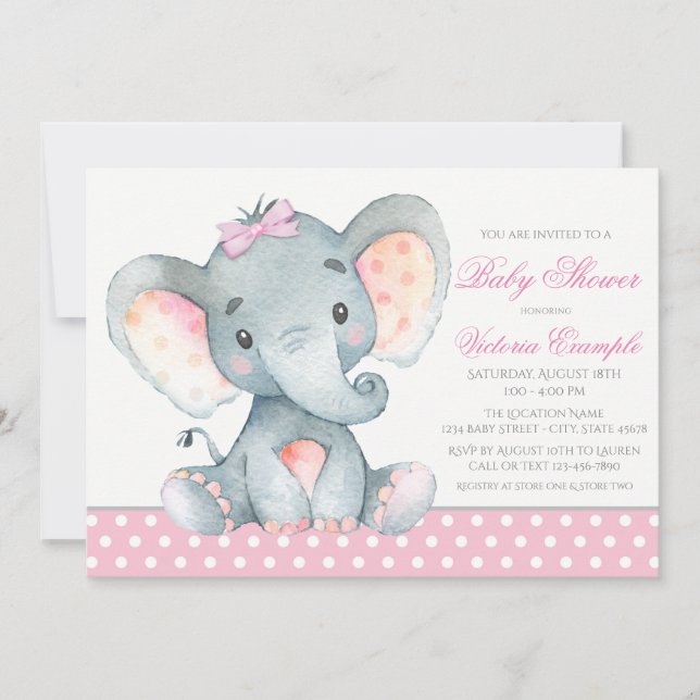 Convites de Chá de Bebê Elefante Menina (Frente)