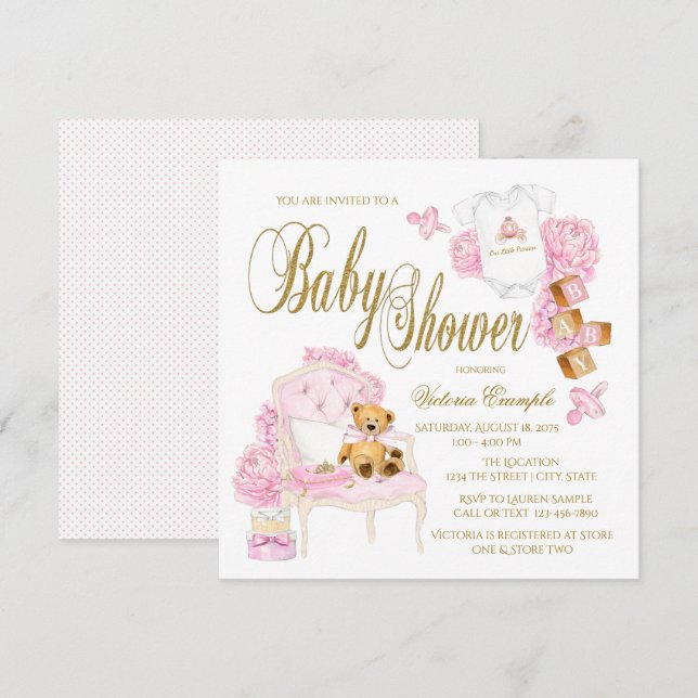 Convites de Chá de Bebê em Aquarela Rosa Dourado (Frente/Verso)