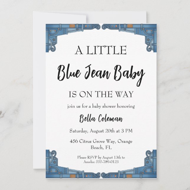 convites de chá de bebê em jeans azul (Frente)