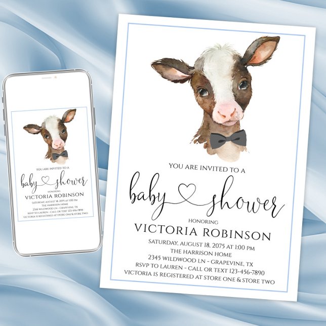 Convites de Chá de Bebê Fazenda Menino Vaca (Boy cow baby shower invitation. Instant download and printed invitations available.)