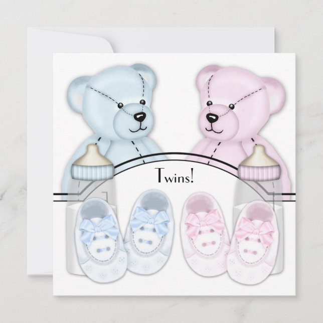 Convites de Chá de Bebê Gêmeos Ursinho Teddy Azul  (Frente)