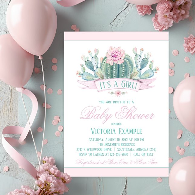 Convites de Chá de Bebê Menina Cacto (Cute cactus baby shower invitation. Simply add your event details.)