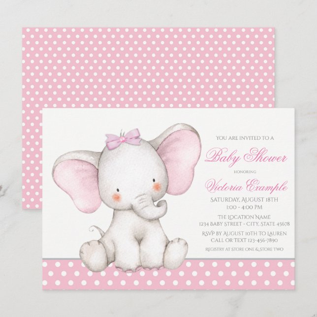 Convites de Chá de Bebê Menina Elefante Fofo (Frente/Verso)