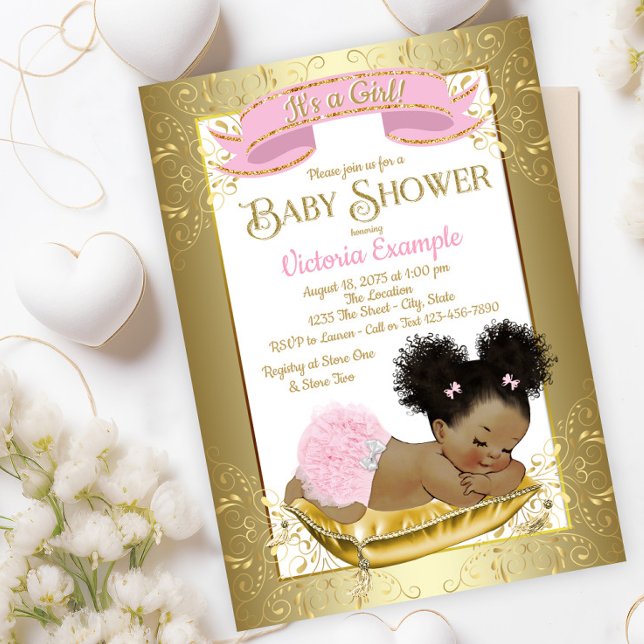 Convites de Chá de Bebê Menina Étnica em Dourado R (Adorable baby pink gold baby shower invitation with sweet sleeping baby girl. )