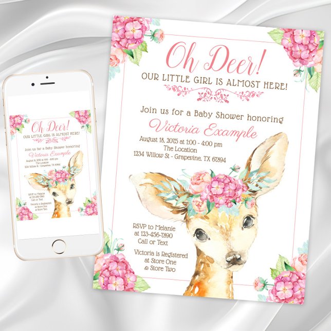 Convites de Chá de Bebê Menina Pequeno Veado (Cute deer baby shower invitation. Instant download and printed invitations available.)