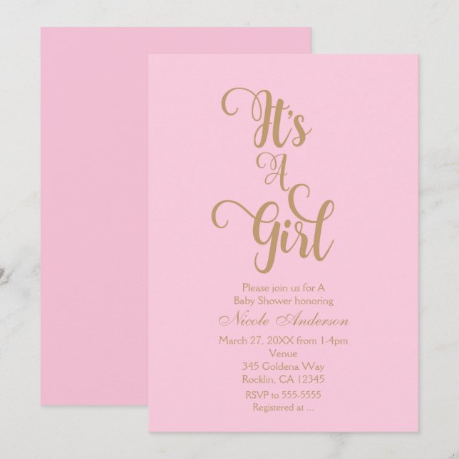 Convites de Chá de Bebê Menina Rosa e Dourado (Frente/Verso)