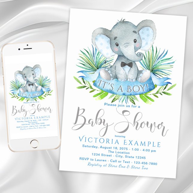 Convites de Chá de Bebê para Elefante Bebê Menino (Boy elephant baby shower invitation. Instant download and printed available.)