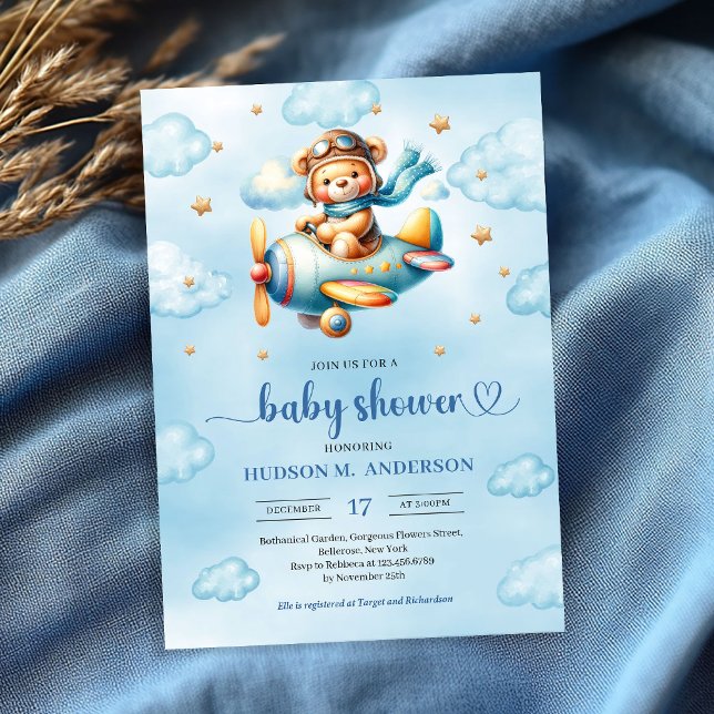 Convites de chá de bebê para menino ursinho piloto (Playful blue pilot teddy bear boy shower invitation)