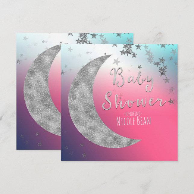Convites de Chá de Bebê Pink Prata Lua e Estrelas (Frente/Verso)