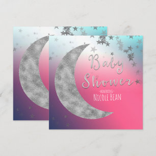 Convites de Chá de Bebê Pink Prata Lua e Estrelas