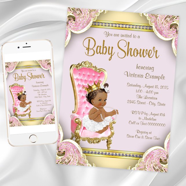 Convites de Chá de Bebê Princesa Afro-Americana (African American Princess Baby Shower Invitation. Instant download and printed invitations available)
