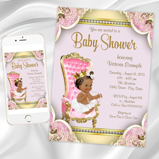 Convites de Chá de Bebê Princesa Afro-Americana (Fancy pink gold baby shower invitation. Instant download and printed invitations available.)