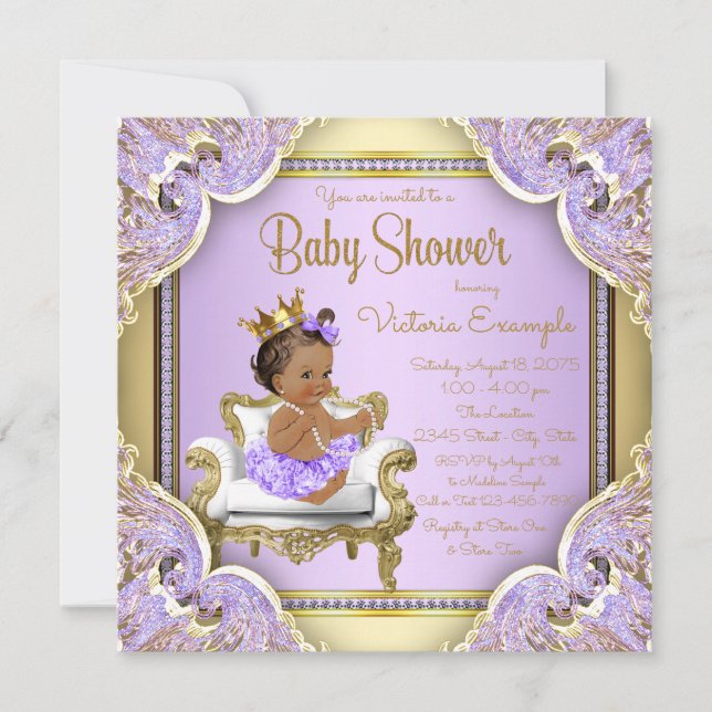 Convites de Chá de Bebê Princesa Étnica Lilac Gold (Frente)