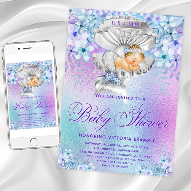Convites de Chá de Bebê Sirena Pastel Elegantes (Purple teal mermaid baby shower invitation. Instant download and printed invitations available.)