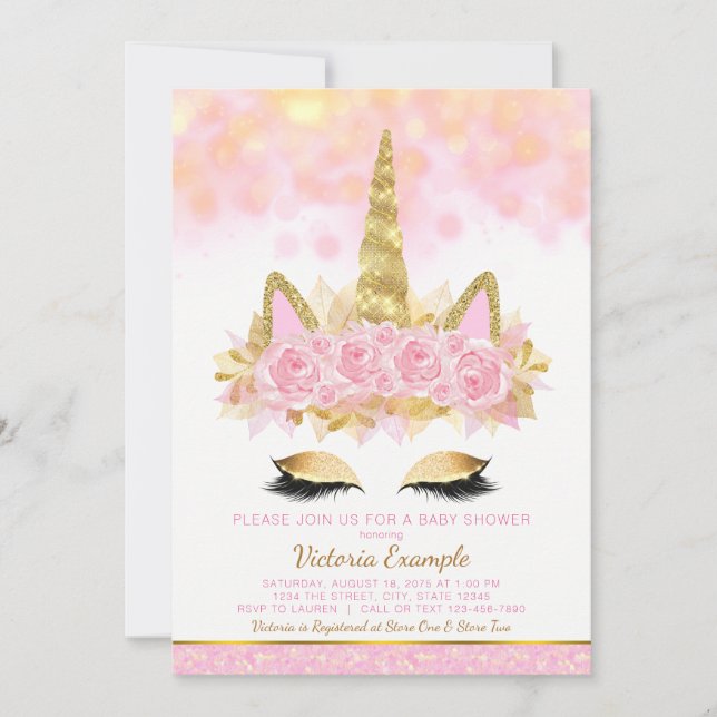 Convites de Chá de Bebê Unicórnio Rosa Dourado Uni (Frente)