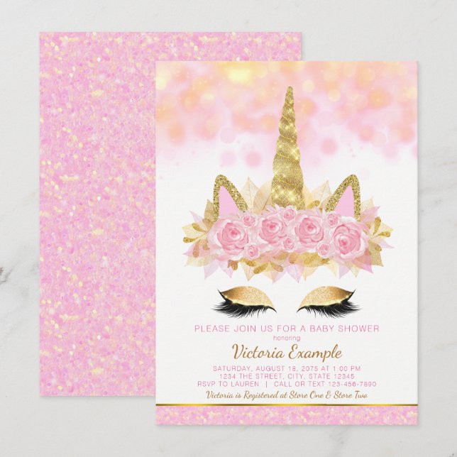 Convites de Chá de Bebê Unicórnio Rosa Dourado Uni (Frente/Verso)