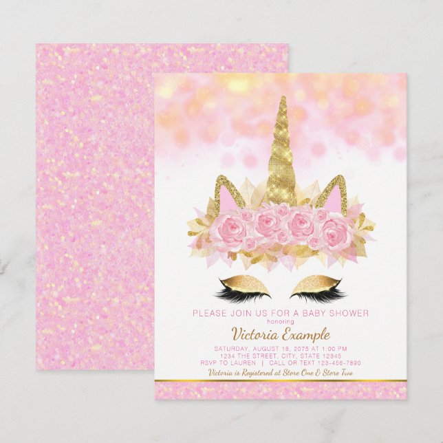 Convites de Chá de Bebê Unicórnio Rosa Dourado Uni (Frente/Verso)
