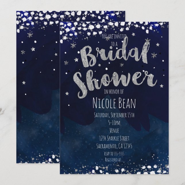 Convites de Chá de Casa Azul e Prata Estrelado (Frente/Verso)