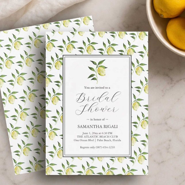 Convites de Chá de Noiva com Estampa de Limão (Lemon bridal shower invitations designed with hand painted art by Florida watercolor artist Victoria)